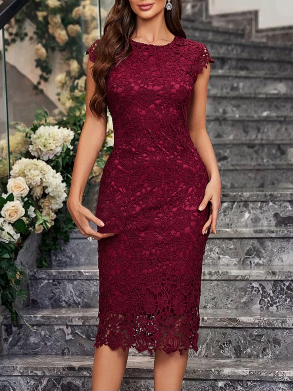 Enfocus Studio Lace Sheath Dress in Burgundy - Elegant High-Neck Women's Dress